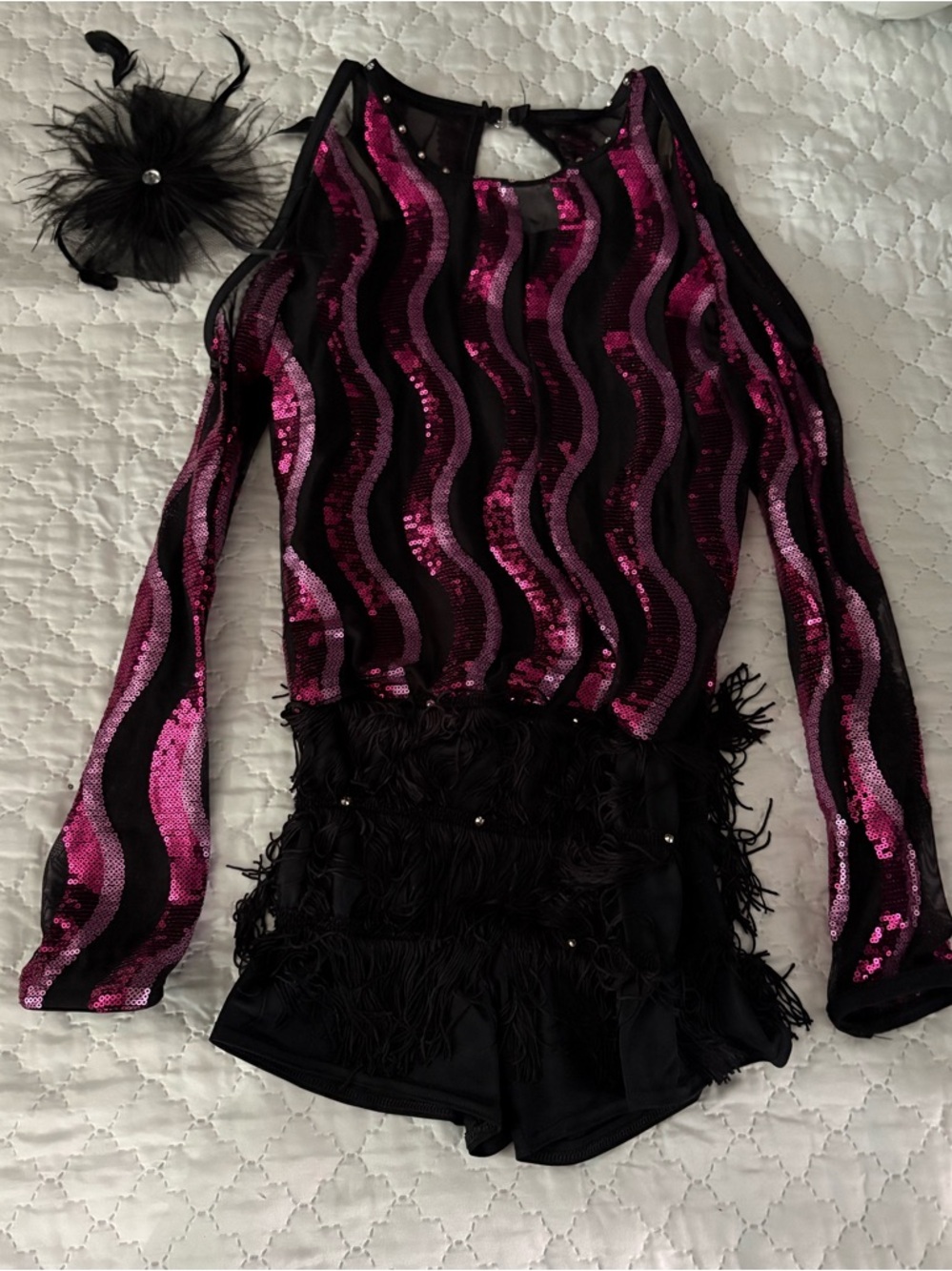 Black and Fuchsia Sequin Wave Long Sleeve Romper